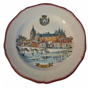 Gien France Plate Decorative Wall Hanging Plate Town Scene Red Trim